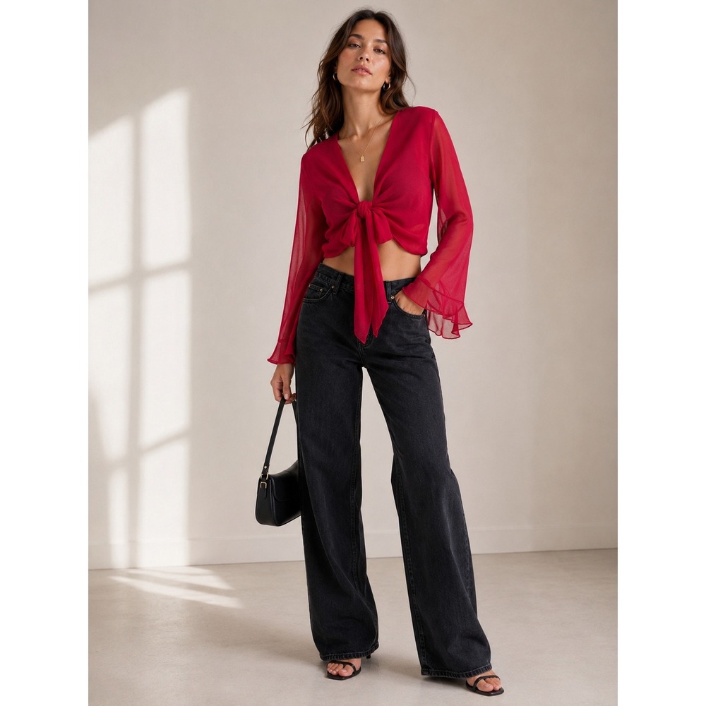 Tie Front Top Shrug M Pink Mesh Bell Sleeve Crop Cardigan Festival Going out